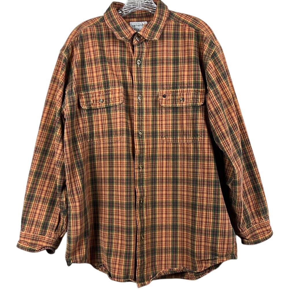 Carhartt Long Sleeve Button Up Shirt Men's Size XL Brown Gold Plaid Heavy Cotton